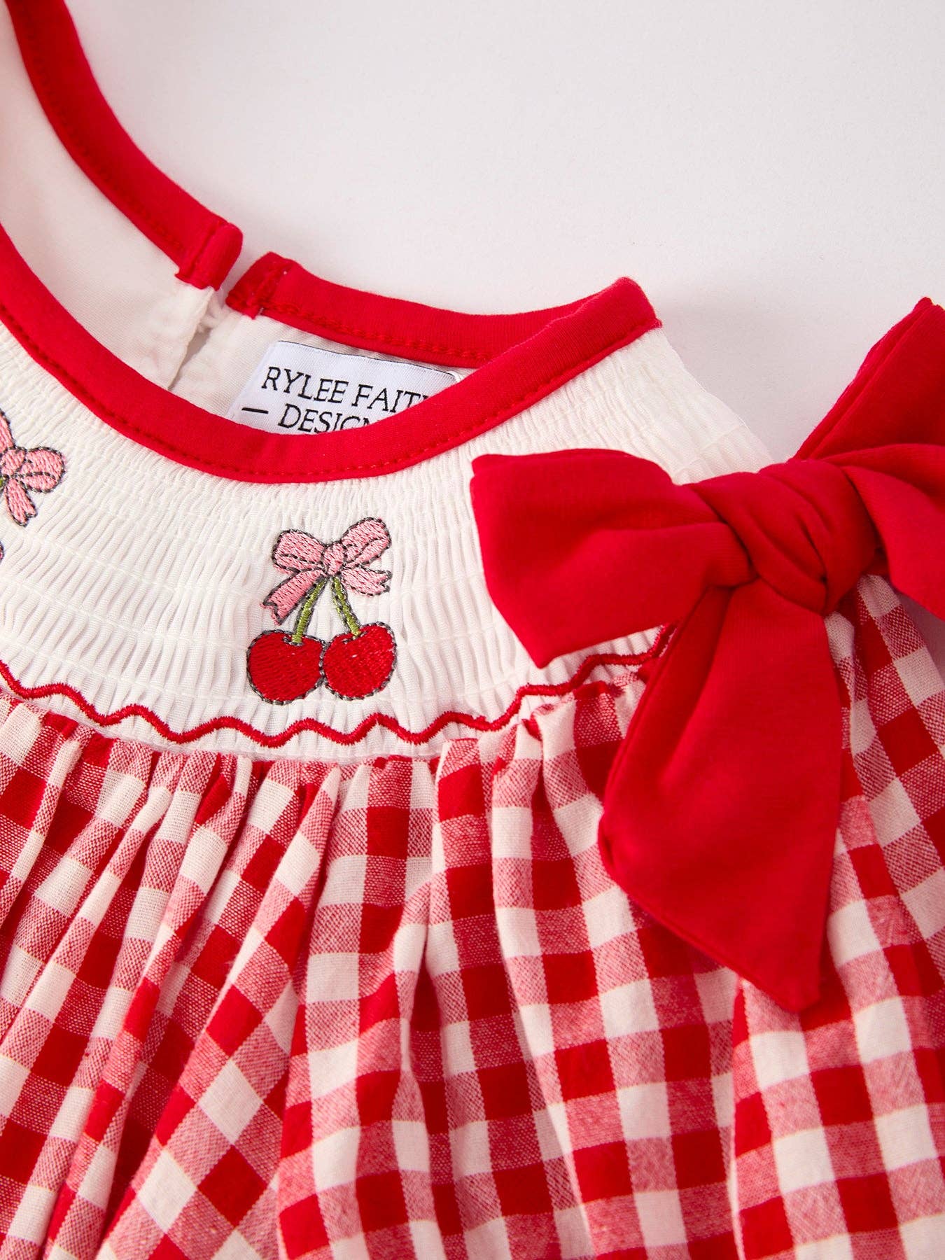 Red Cherry Bow Plaid Smocking Embroidery Girls'