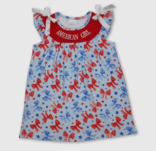 Smocked Embroidered American Girl Bow dress ❤️🤍🩵