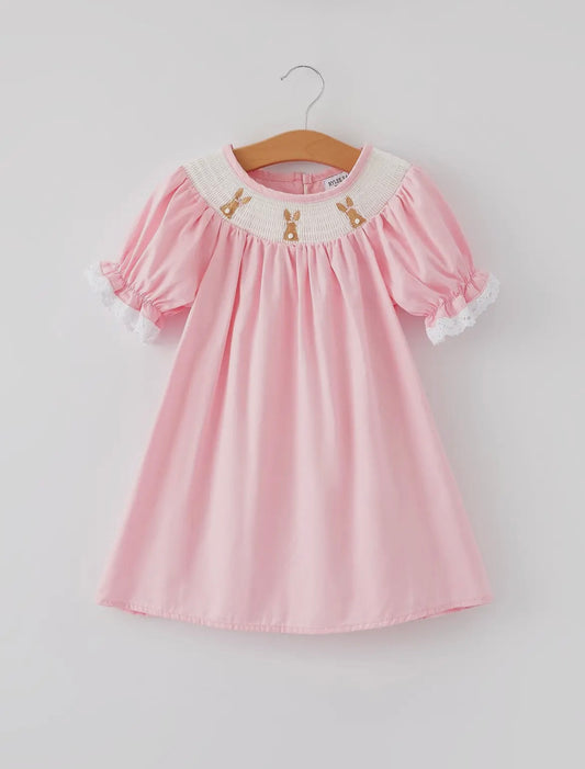 Smocked Easter Bunny Embroidered lace cuff sleeve dress