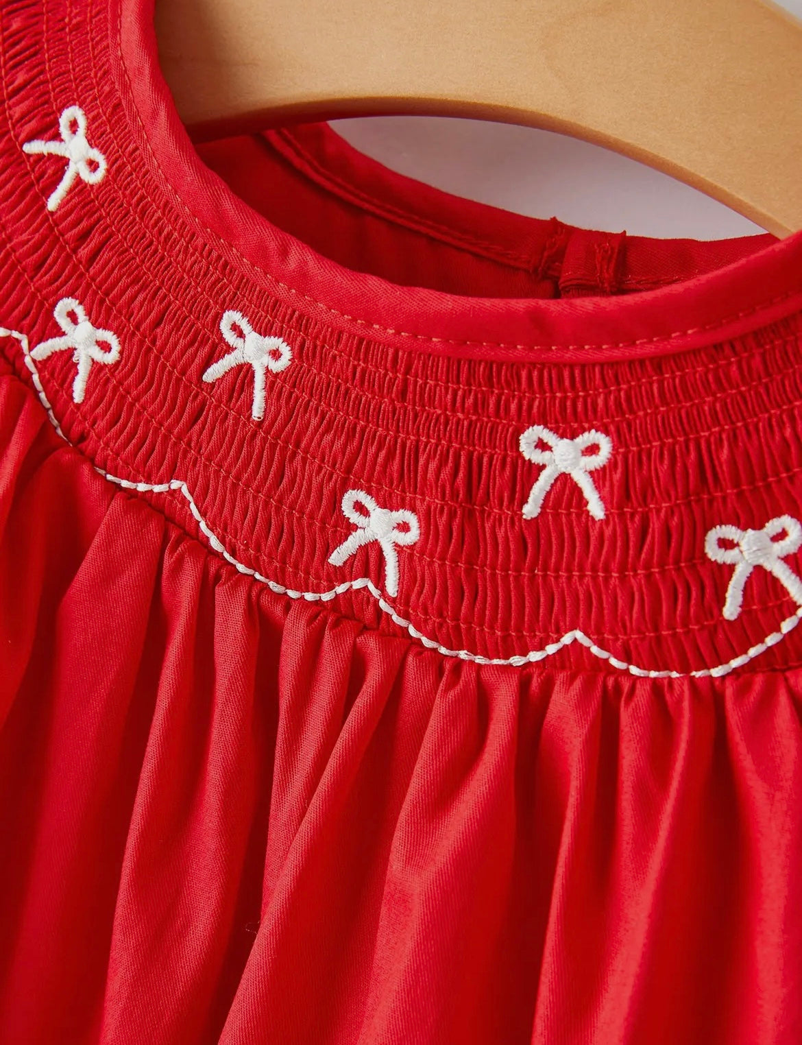 Girls Bow Embroidered Smocked Valentines Dress