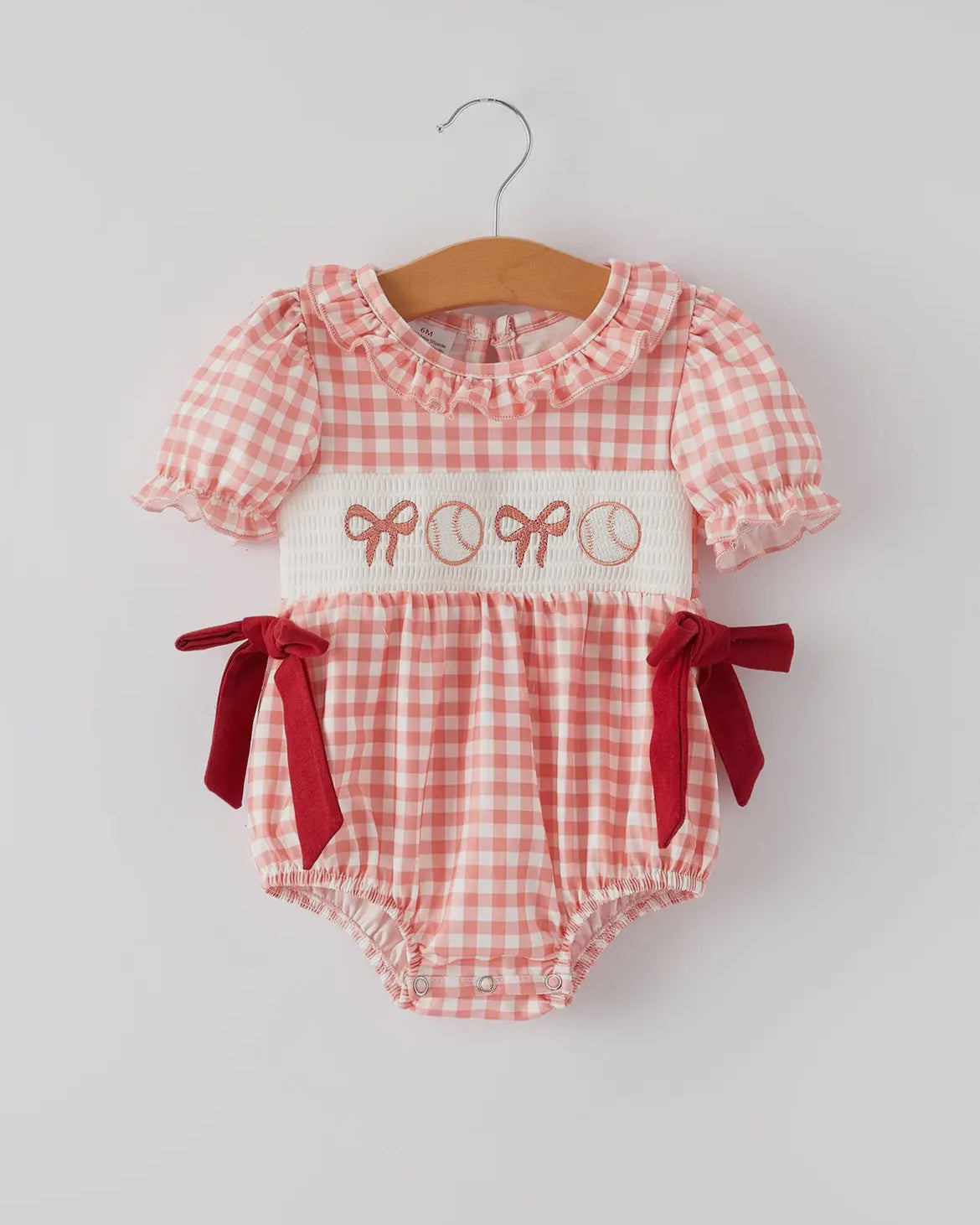 Embroidered Baseball & Bows Smocked Bubble romper