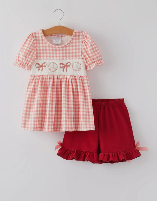 Embroidered Baseball & Bows Smocked set