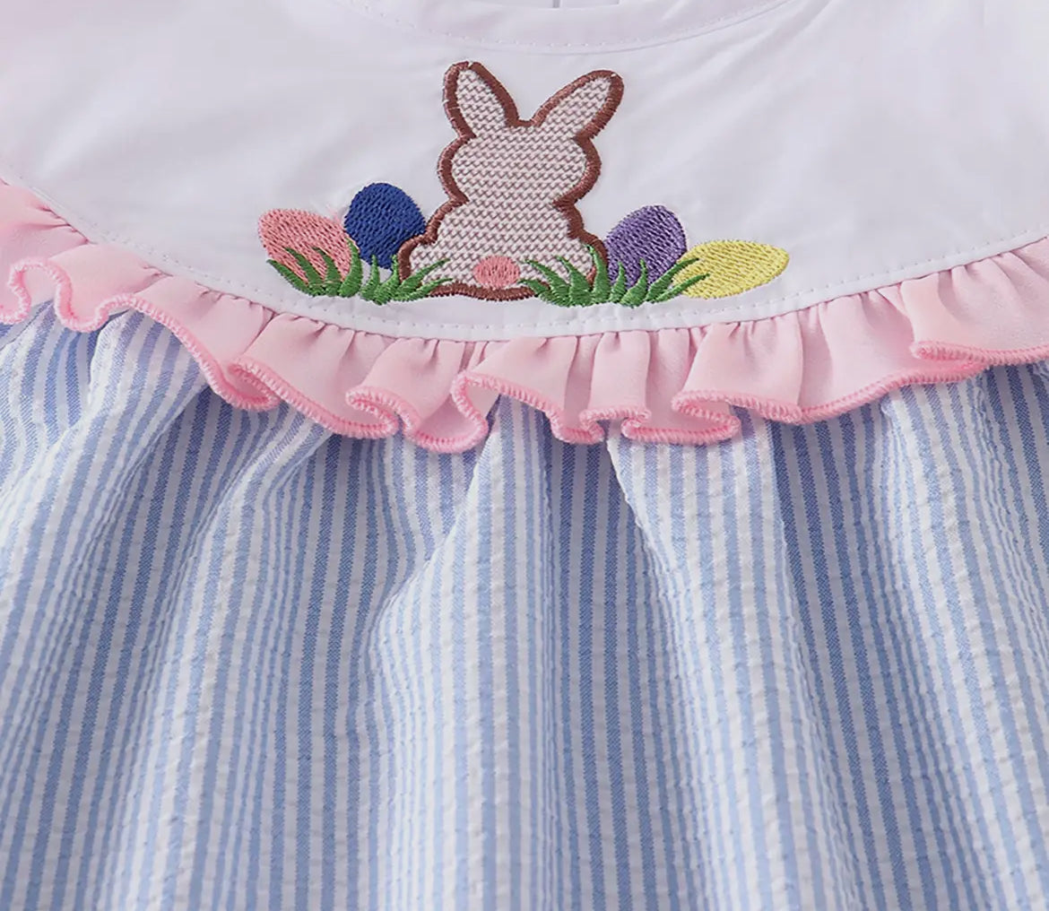 Smocked Blue Easter Embroidered Bunny Dress