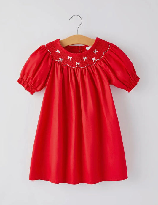 Girls Bow Embroidered Smocked Valentines Dress