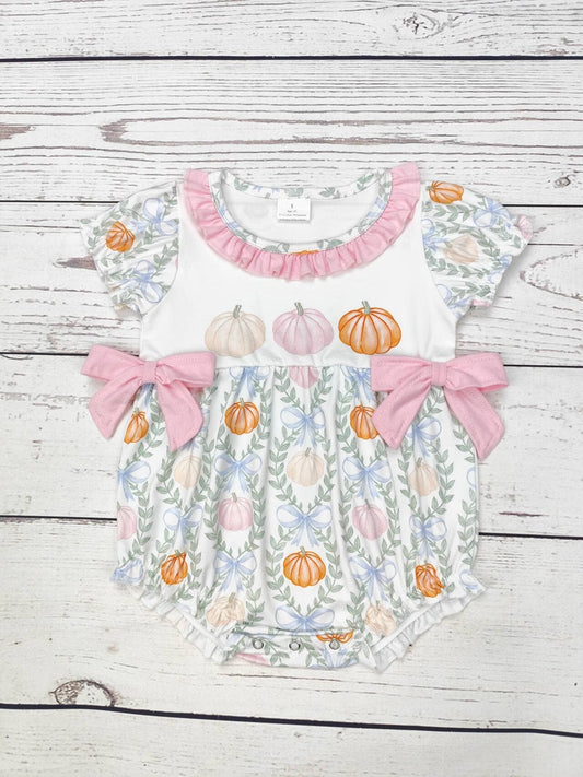 Baby Pumpkin Print Bubble With Pink Bow