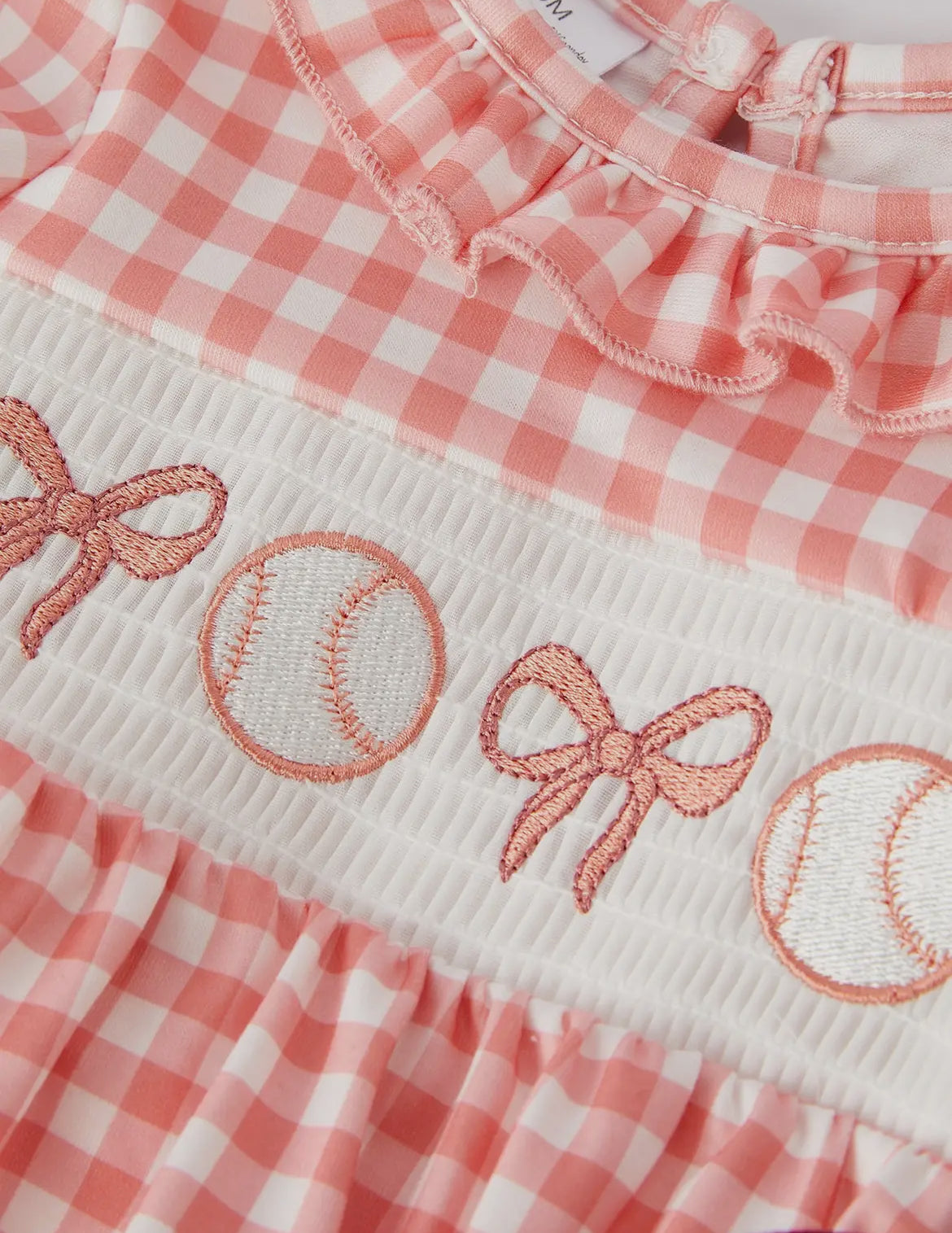 Embroidered Baseball & Bows Smocked Bubble romper