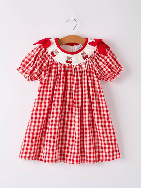 Red Cherry Bow Plaid Smocking Embroidery Girls'