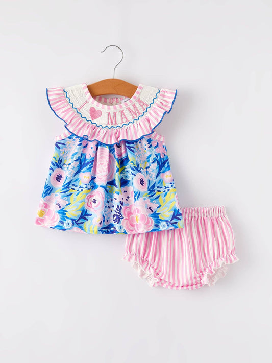 “I ❤ MAMA”Embroidery Smocking Baby Girls Bloomers Set