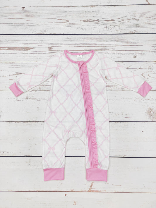 Baby Pink Bow Print Sleeper with Ruffle