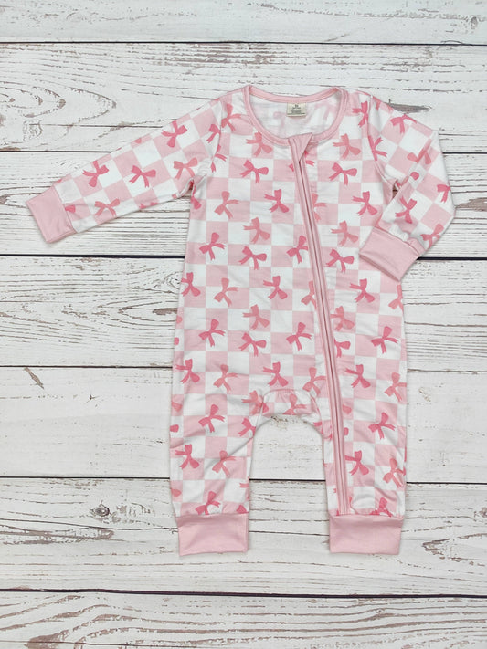 Checkered Bow Print Baby Zip Sleeper